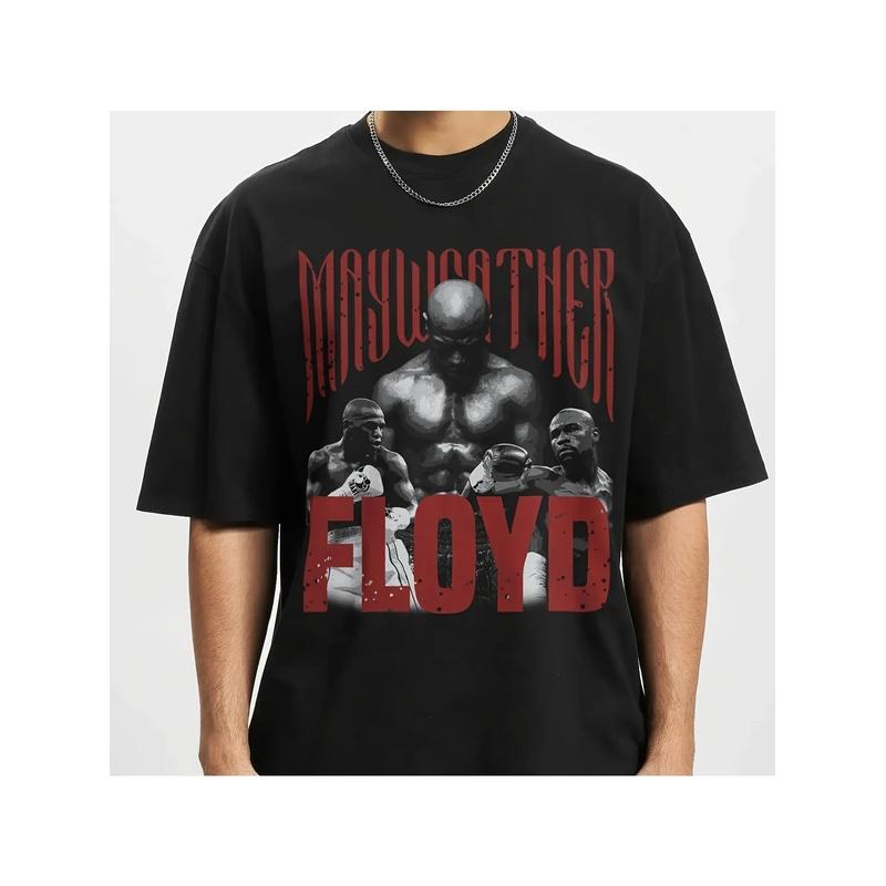 Grafisch T-shirt voor Heren - Comfortabel En Ademend Normale Pasvorm Casual Shirt Met Een Mayweather Floyd Boksen Ontwerp, Zwart Ronde Hals Korte Mouw