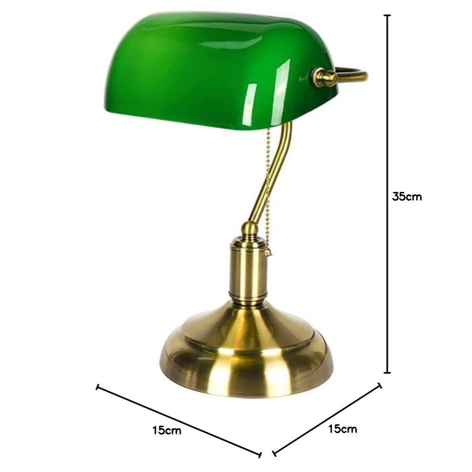 Traditional Banker Lamp Antique Style Emerald Green Glass Desk Light Fixture Satin Brass Finish Metal Beaded Pull Cord Switch Attached ( Green)