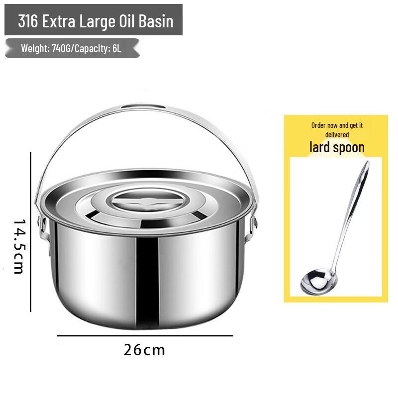 Extra Large 316 Stainless Steel Lard Pot with Lid and Handle