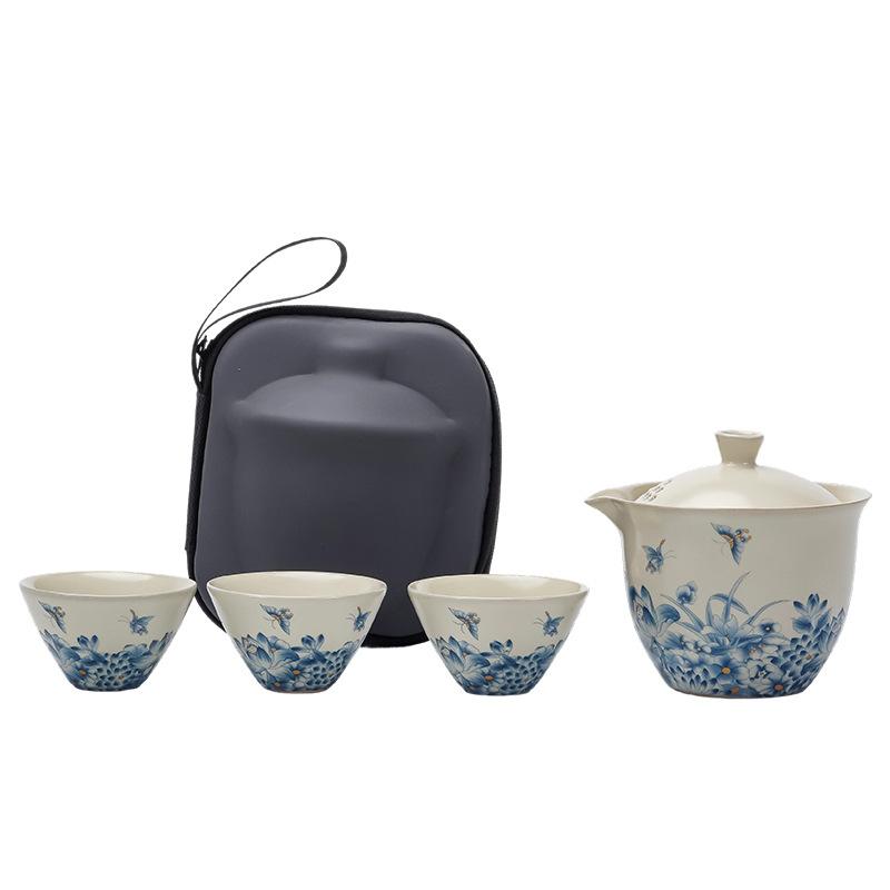 New Ru Kiln Kung Fu Tea Set Outdoor Travel Express Cup Three Cups Ceramic Cover Bowl Hand Grab Pot Making Tea Teacup