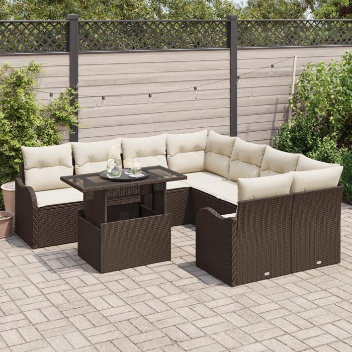 VidaXL Ensemble de canapé de jardin 9 pièces avec coussins en poly rotin brun 3357171