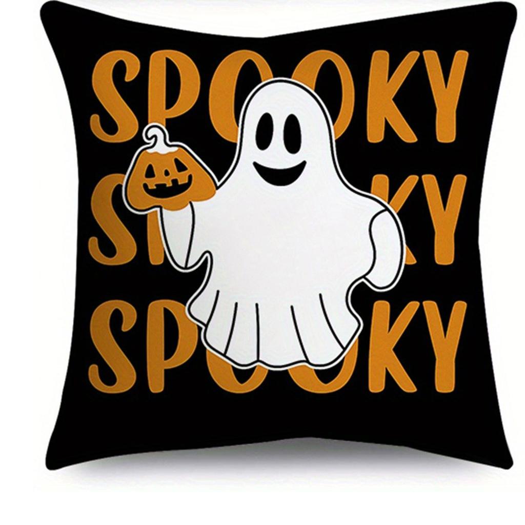 Black And White Spider Black Cat White Ghost Pumpkin Lantern Halloween Decoration Printed Cushion Cover Festive Home Decoration