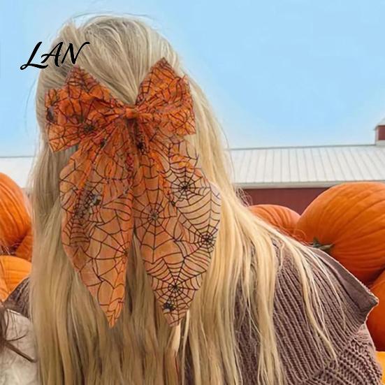 Lightweight Hair Clip Halloween Spider Web Bow Clip, Pumpkin Eyeball Tulle with Long Tails, Women Accessories for Holiday Party