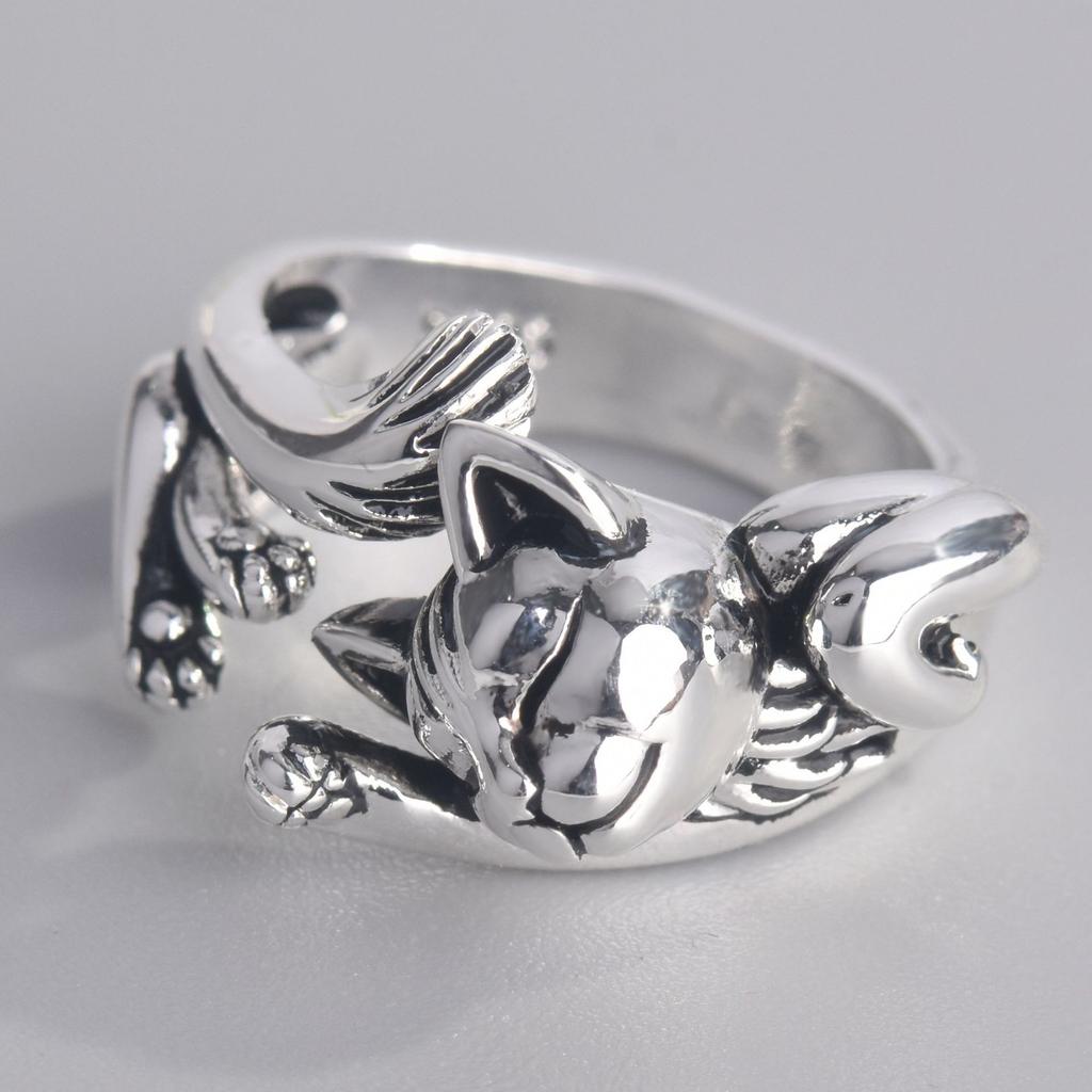 Cute Fortune Cat Shape Opening Rings For Women Silver Color Vintage Frog Toad Animal Delicate Finger Ring Girl Fashion Jewelry