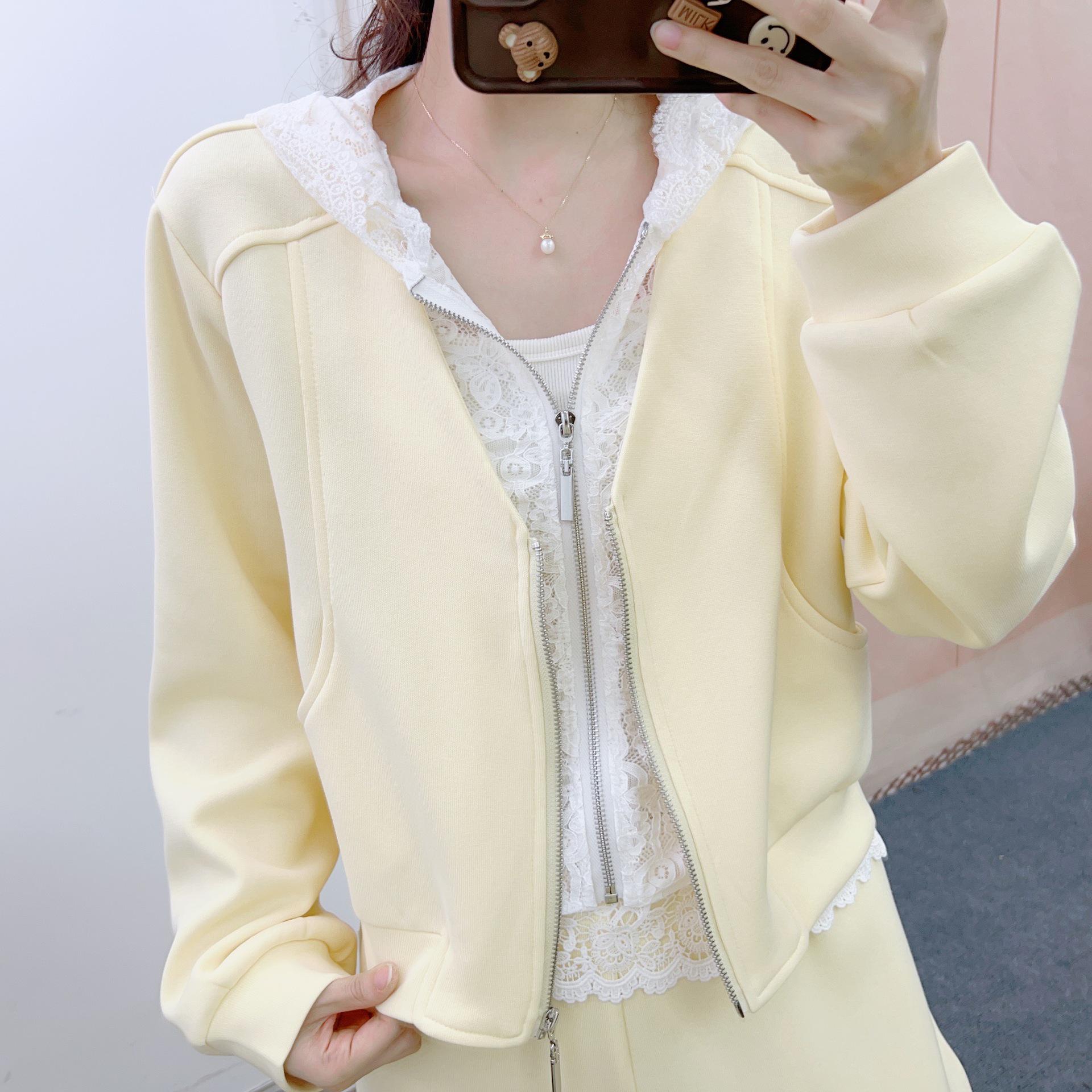 Spring 2026 Trendy Lace Hoodie & Casual Pants Set XL (64-69 kg) жёлтый