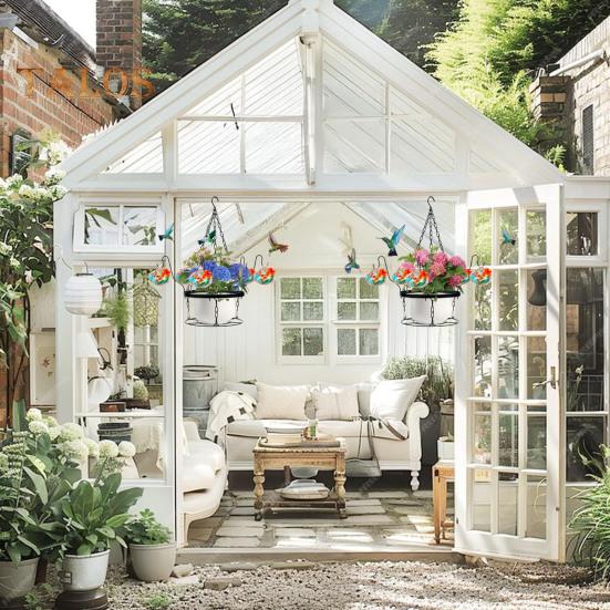 Hand Blown Glass Hummingbird Feeder 2-in-1 Hanging Metal Planter Holder with 6 Small Blown Glass Birdfeeder for Garden Backyard Window Decor