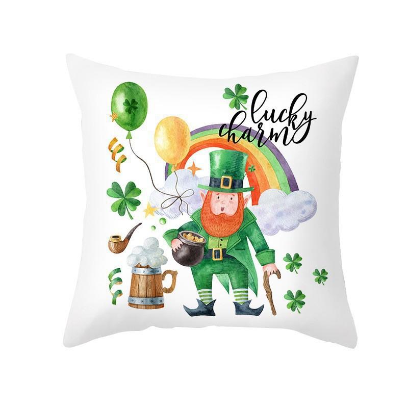 St. Patrick's Day Pillow Case Green Four-leaf Clover National Day Peach Skin Print Pillow Gift