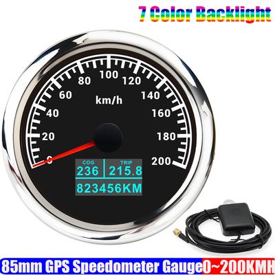 7-Farben-LED Auto 85mm GPS-Tachometeranzeige mit GPS-Antenne 30KMH, 60KMH, 120KMH, 200KMH Marine Boot Yacht COG TRIP Kilometerzähler