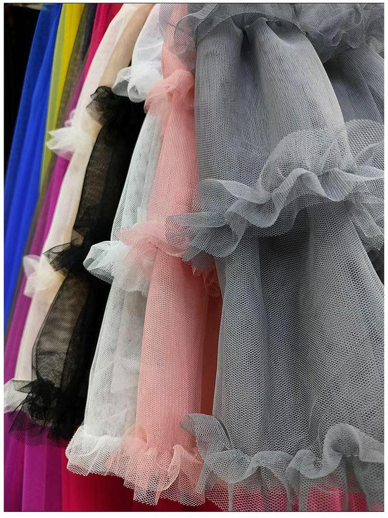 Women's High-Waist Ruffled A-Line Skirt with Mesh Overlay and Safety Lining