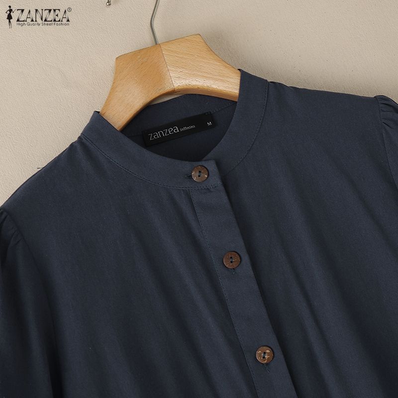 ZANZEA Blouse décontractée pour femme à col montant, ample, manches 3/4, en coton