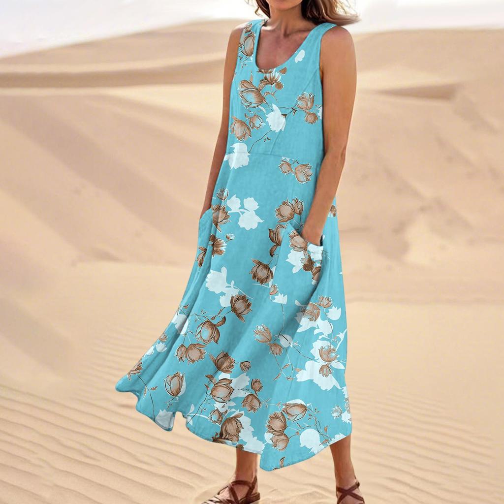Women's Summer Casual Fashion Flower Printed Sleeveless  Pocket Dress