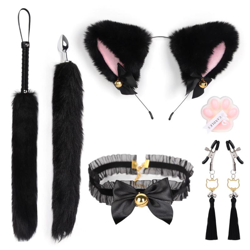Cat Tail Bell Headband, Anal Plug, Nipple Clamps Flirting Set