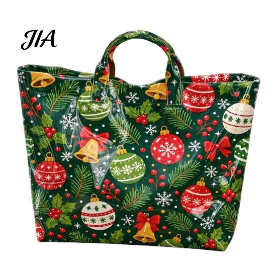 Reinforced Handle Carrying Bag Christmas PVC Tote Bag, Large Waterproof Shoulder Santa Deer Tree Stylish Holiday Gift Print, Reusable Grocery