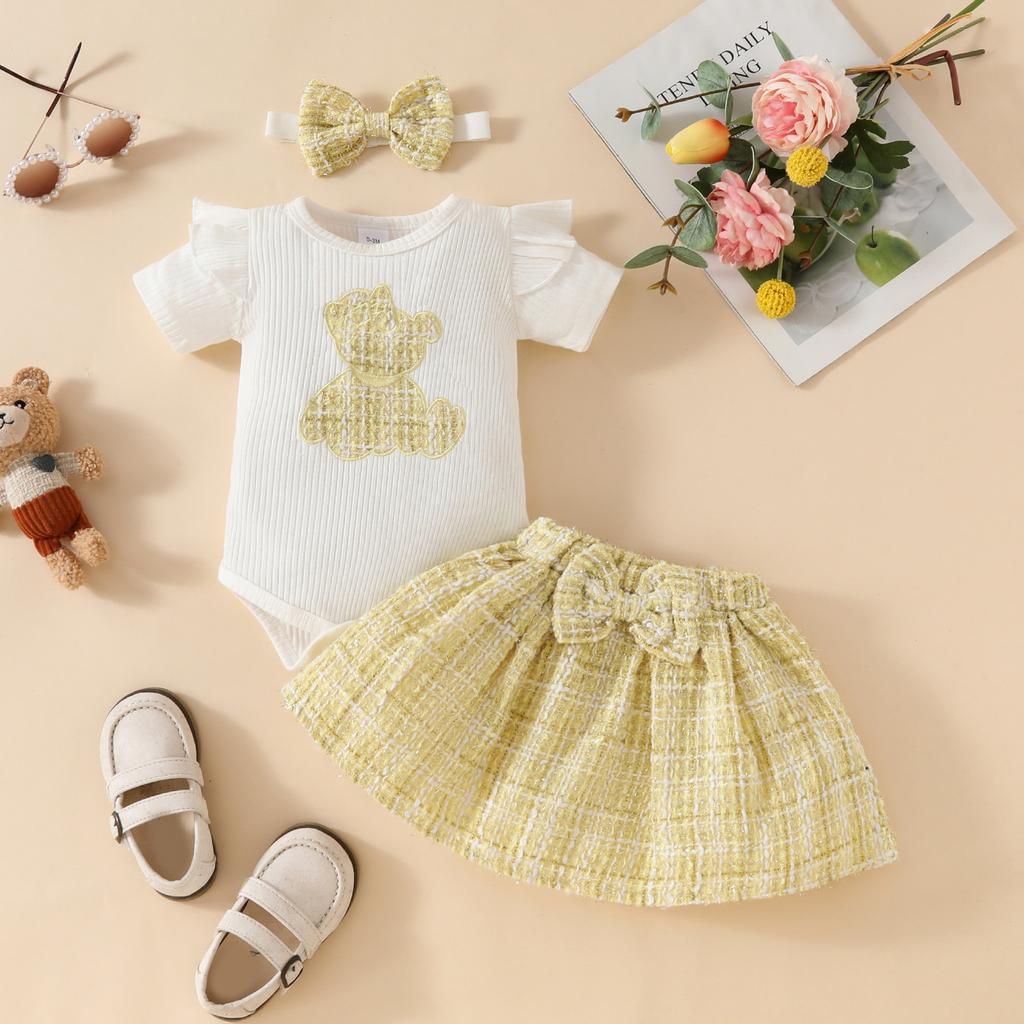 Girls Casual Fashion Set Summer Children Cute Bear Short Sleeve Skirt Set