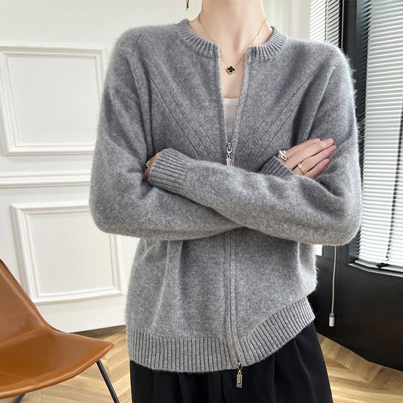 Cardigan lavorato a maglia con doppia zip slim fit stile retrò 2026 - Giacca maglione casual da donna girocollo
