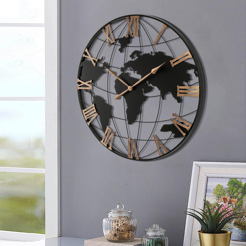 36 Inch Extra Giant Large Black Metal Wall Clock, Modern Silent World Map Wall Clock with Vintage Gold Roman Numeral, Decorative