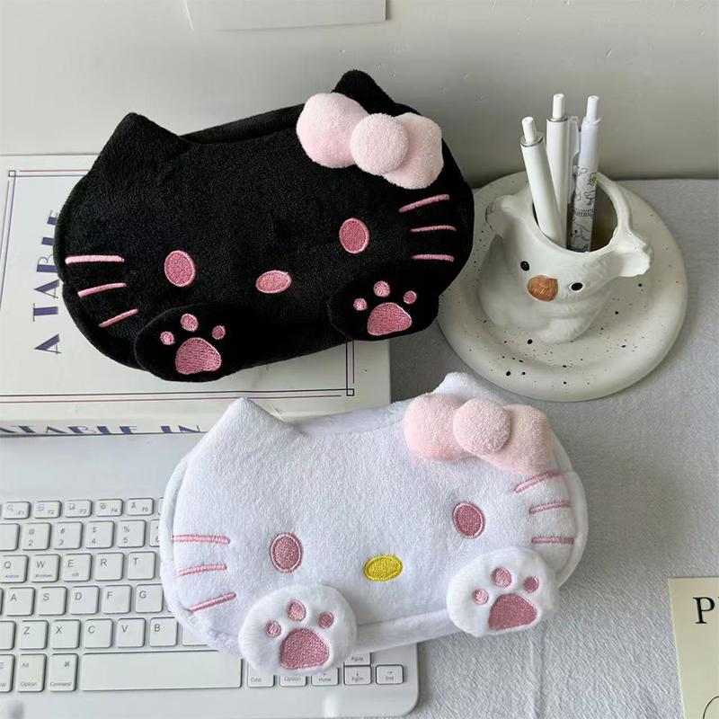 Hello Kitty Plush Pencil Case Large Capacity Cat Paw Pen Bag Stationery Organizer Makeup Bag Sundry Storage Bag