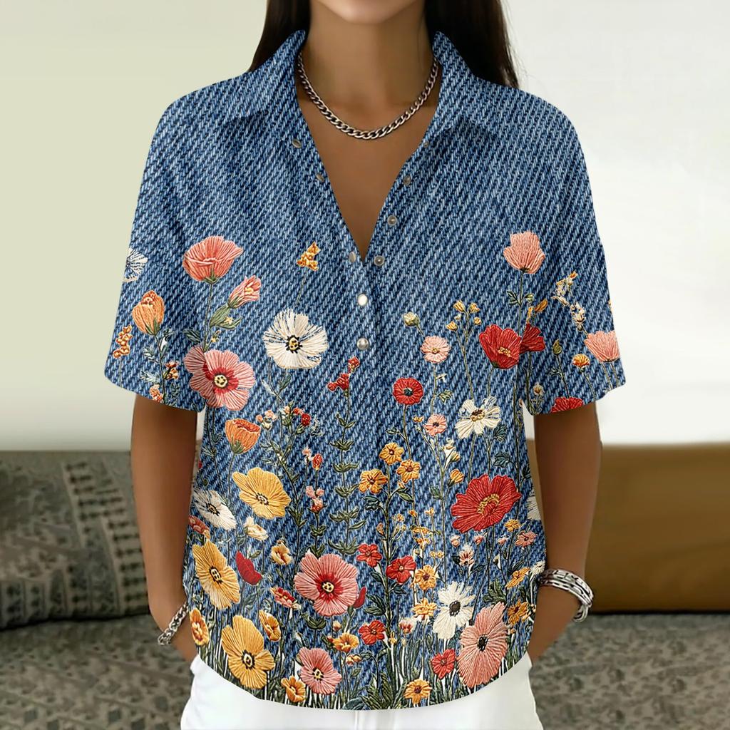 Women's Fashion Polo Collar Button Vintage Floral Print Loose Fit Short Sleeve T Shirt Linen Blend Casual Top