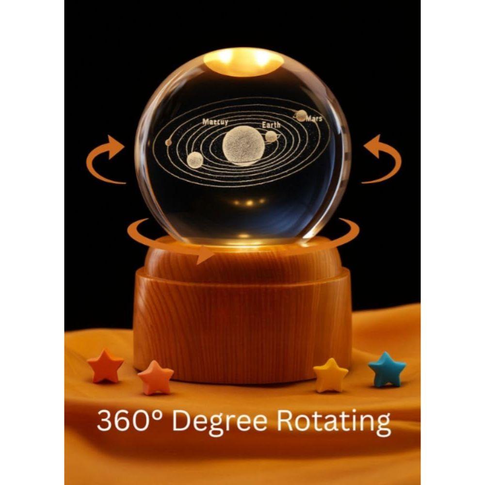 Kristallkugel Nachtlicht mit LED-Sockel | 3D Rotierender Sonnensystem Globus | Dekorative Ambientelampe für Schlafzimmer, Büro & Geschenke