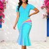 Women Plus Size V Neck Short Sleeve Colorful Printed Fitted Fishtail Dress