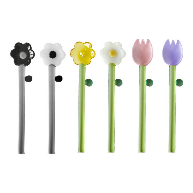 6Pcs/Set Glass Spoons High borosilicate Flower Sunflower Tulip Colorful Tea Coffee Spoons Long Handle Mixed Spoon
