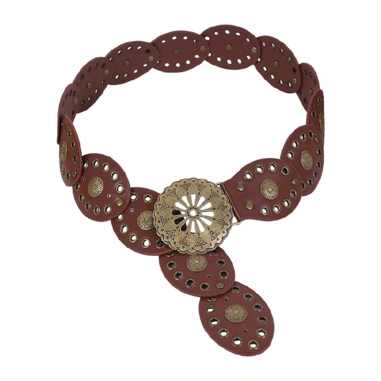 Comfortable Round Disk Waist Belt For Women PU Leather Strap With Ethnic Motifs Everyday Wear