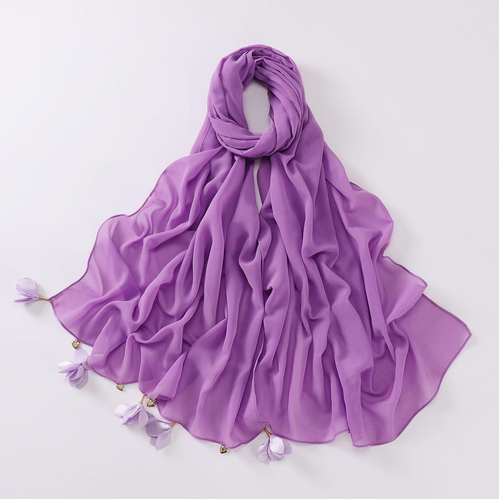Handmade Alloy Love Flower Chiffon Hijab Beads Scarves Plain Shawls Women Sunscreen Headscarf Head Wrap Hijabs Ramadan Turban