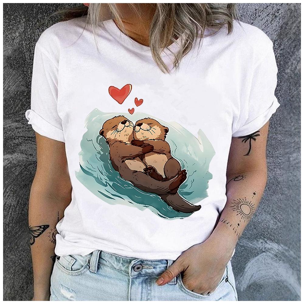 Women's Polyester 100% Holding Hands with an Otter Print T-shirt Loose Round Neck Casual Short Sleeve Fashion Top  Clothing Summer