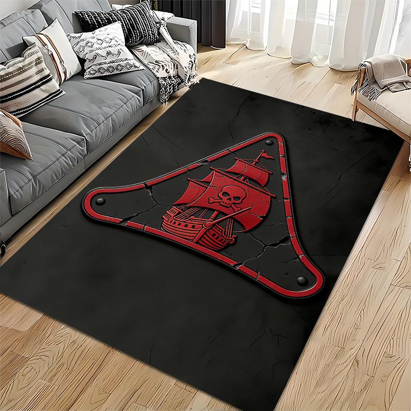 Pirate Ship Skull Design Black and Red Rug for Living Room Decor Suitable for use as an anti-slip for living room bedroom sofas