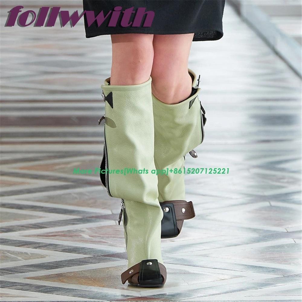 Fashion Patchwork Runway Winter Woman Booties Wedges Knee High Side Zipper Fashion Modern Newest 2025 Shoes Hot Sale Mixed Colors