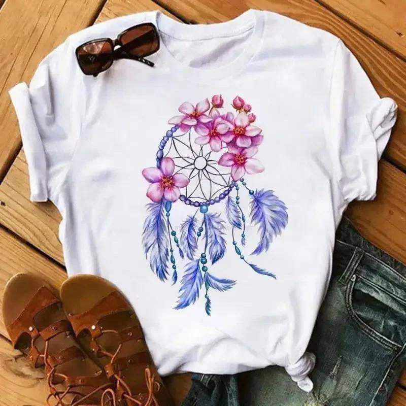 Print T Shirt Fashion Crew Neck Short Sleeve  T Shirt  Fashion Dream Catcher T Shirt Women Harajuku Graphic