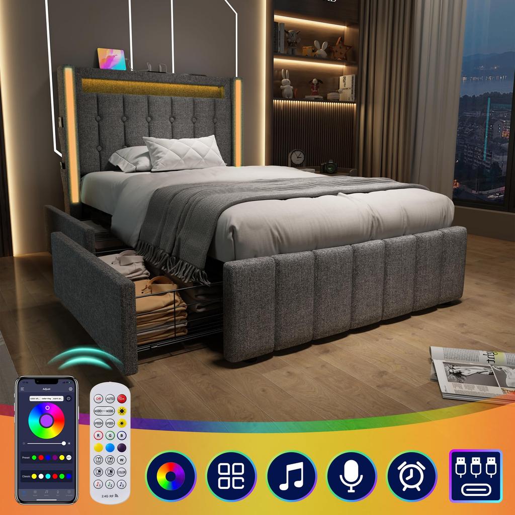 Polsterbett 90x200cm, 2 Schubladen, Modernes Einzelbett, LED, USB Typ C, Holzlattenrost, Stauraumbett, Jugendbett, Leinen, Grau