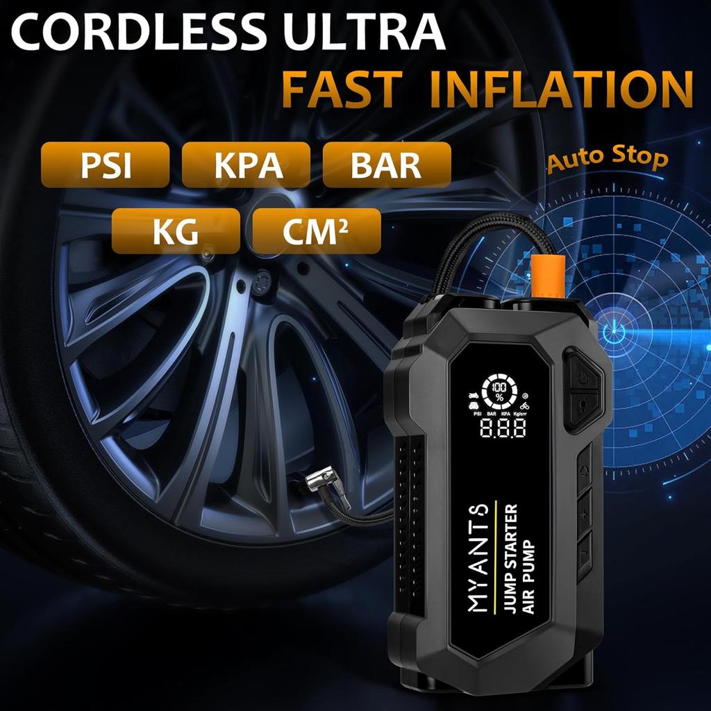 4000A Jump Starter with Air Compressor, 12V Portable Car Battery Charger, LED Light & Quick-Charge for Gas Engines up to 10L