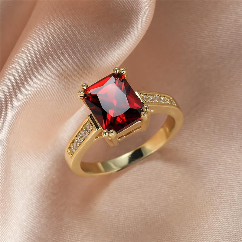 

Luxury Female Red Crystal Stone Charm Gold Color Thin Wedding Jewelry for Women Vintage Square Zircon Engagement Ring 6