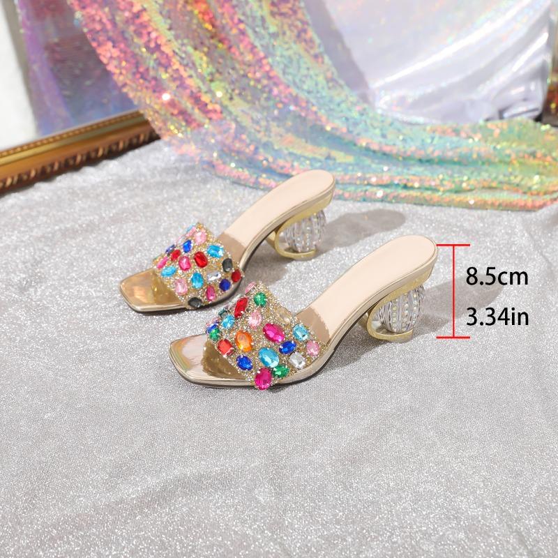 New Style Fashionable Mixed Color Gem Diamonds Women Strange Transparent Heels Slipper Summer Sandal Sexy Square Toe Dress Shoes