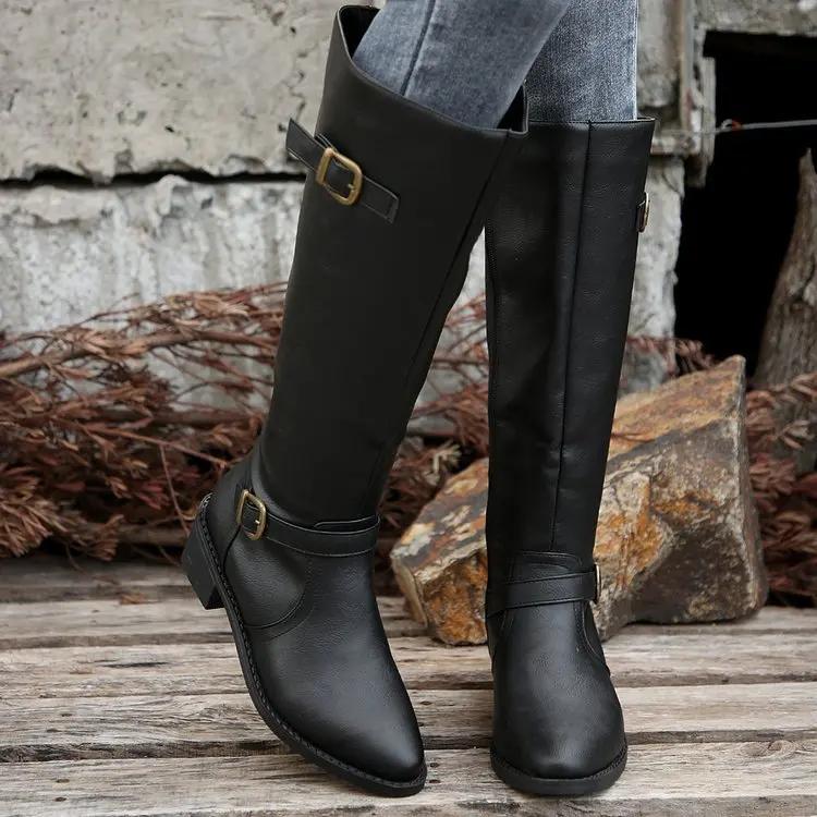 Fashion Woman Thick Heeled Long Boots Autumn Winter Pu Leather Mid Calf Boots Woman 2025 Buckle Strap Side Zipper Motorcycle Boots