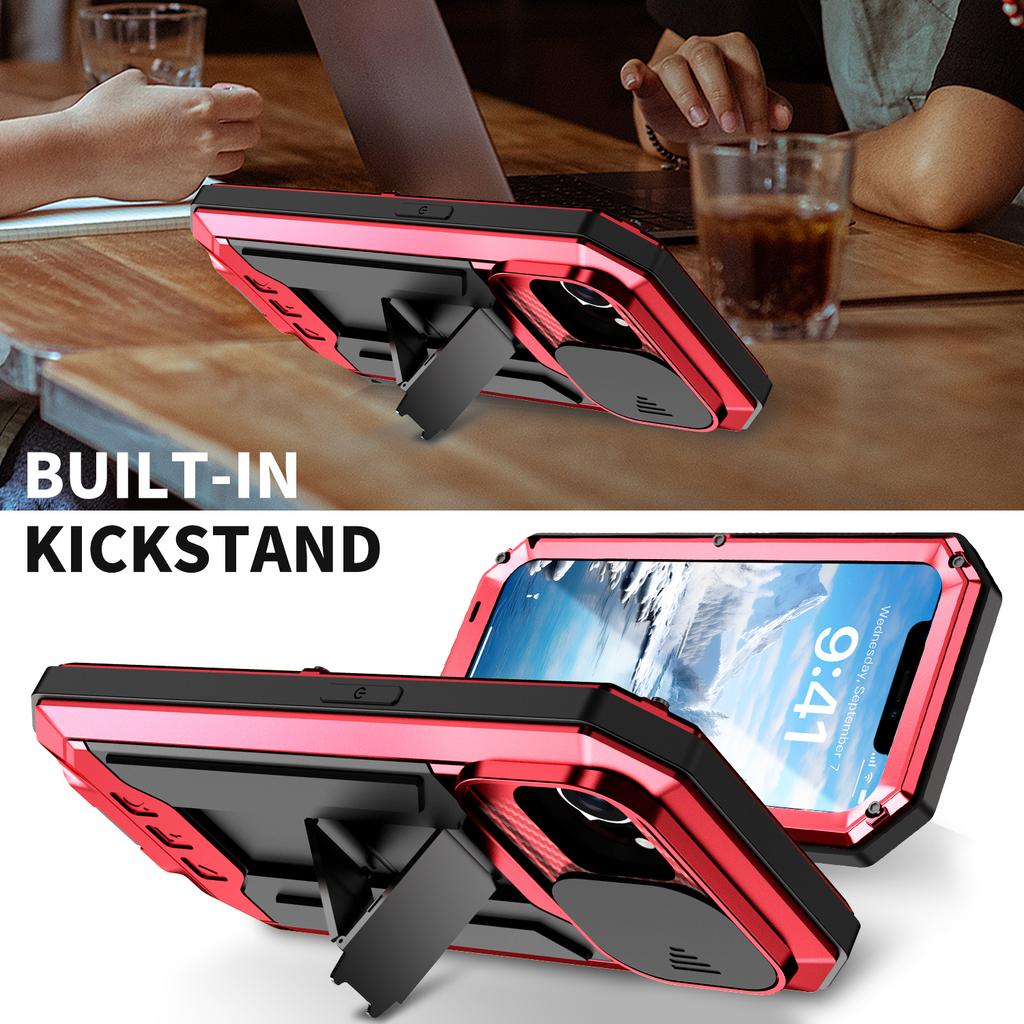 R-JUST For iPhone 16e Case PC+Silicone+Metal Back Cover with Tempered Glass Film