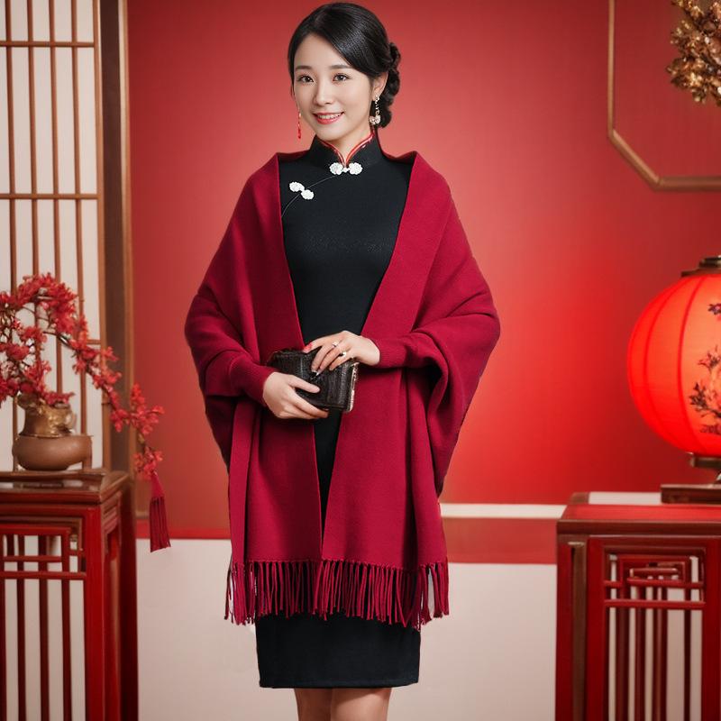 Women's Happy Mother-in-law Cheongsam Shawl Cape - Autumn/Winter Wedding Banquet Outerwear with Sleeves