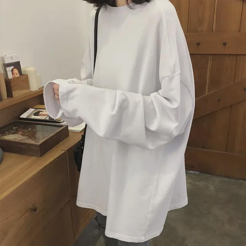 Women's 2025 Korean-Style Long-Sleeve White Top: Loose, Versatile, Mid-Length for Autumn/Winter