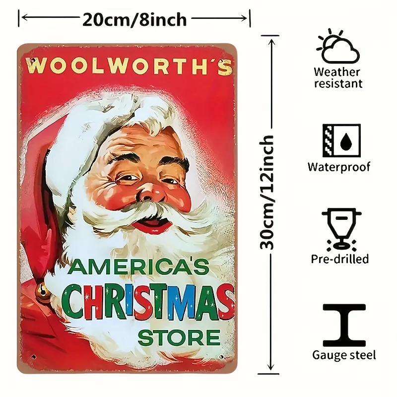 Винтажная металлическая жестяная вывеска Санта-Клауса Woolworth s 1950-х годов для рождественского настенного искусства 20x30cm（7.8x11.8inch）