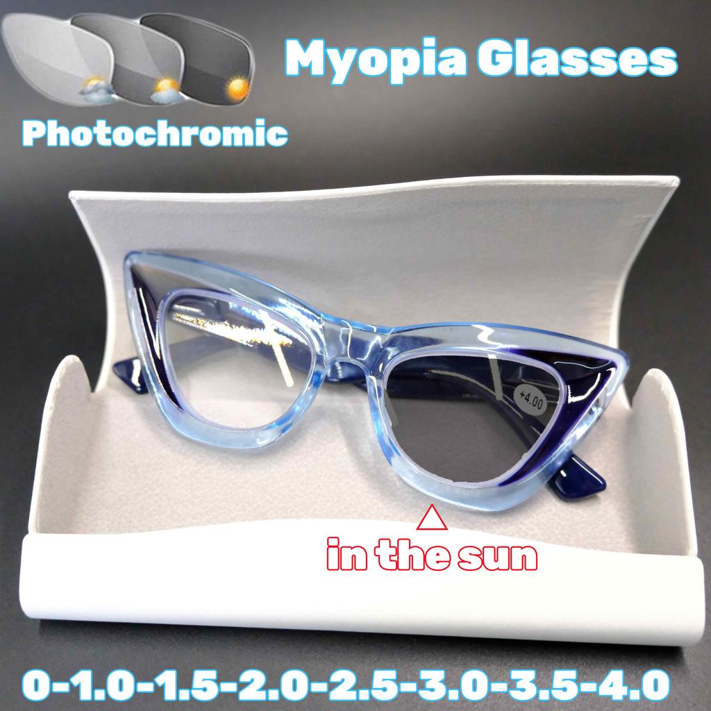 Transparent Candy Color Photochromic Myopia Glasses for Women and Men Fashion Triangle Frame Color Changing Eyeglasses Diopter