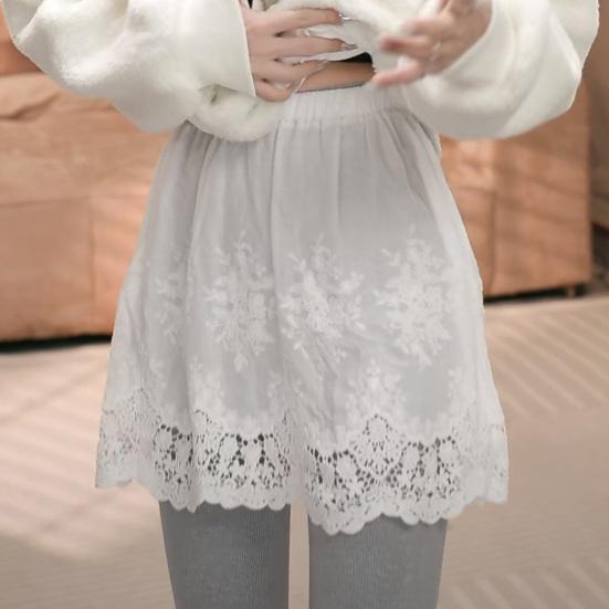 Women Shirt Extender Elastic High Waist Hollow Embroidery Lace Flower Pattern Mini Skirt Solid Color Butt Curtain Extension