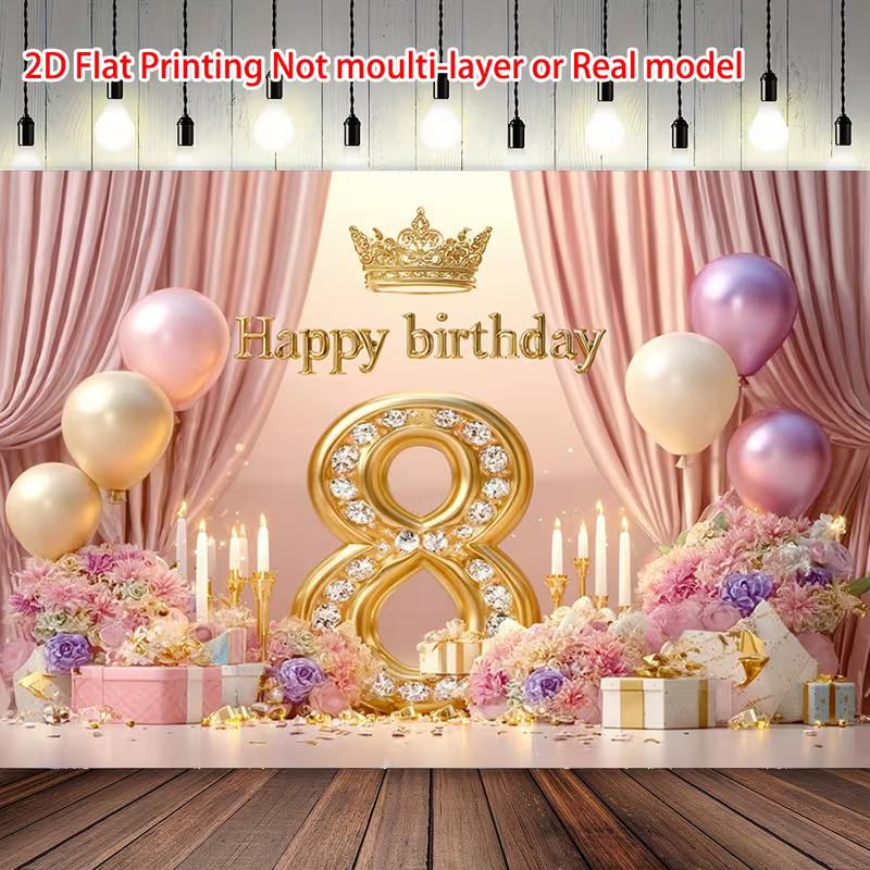 2D Flat 8th Birthday Pink Gold Banner 2D Fabric Backdrop for Girls 8th Birthday Party Decoration 47.2x31.5inch/120*80cm