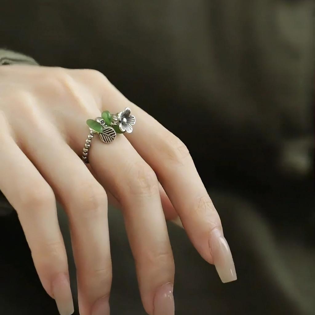 925 Sterling Silber Schmuck Vintage Natürlicher Jade Blume Fingerringe für Frauen Hochzeitsfeier Schmuck Für Mädchen Freundin Geschenk
