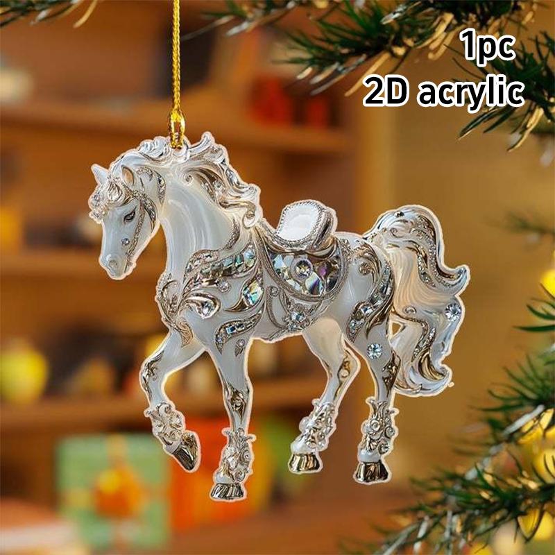 2D Acrylic Horse Car Rearview Mirror Pendant Charm Christmas Tree Ornament Party Latest Year Hanging Keychain Christmas Decorations