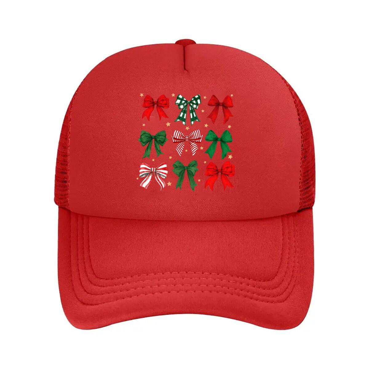Christmas Fabric Bows Red Green Striped Checked  Mesh Baseball Cap Hip Hop Adjustable