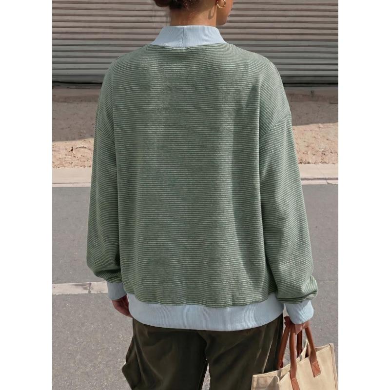 Women S Round Neck Fleece Striped Long Sleeve Loose Top