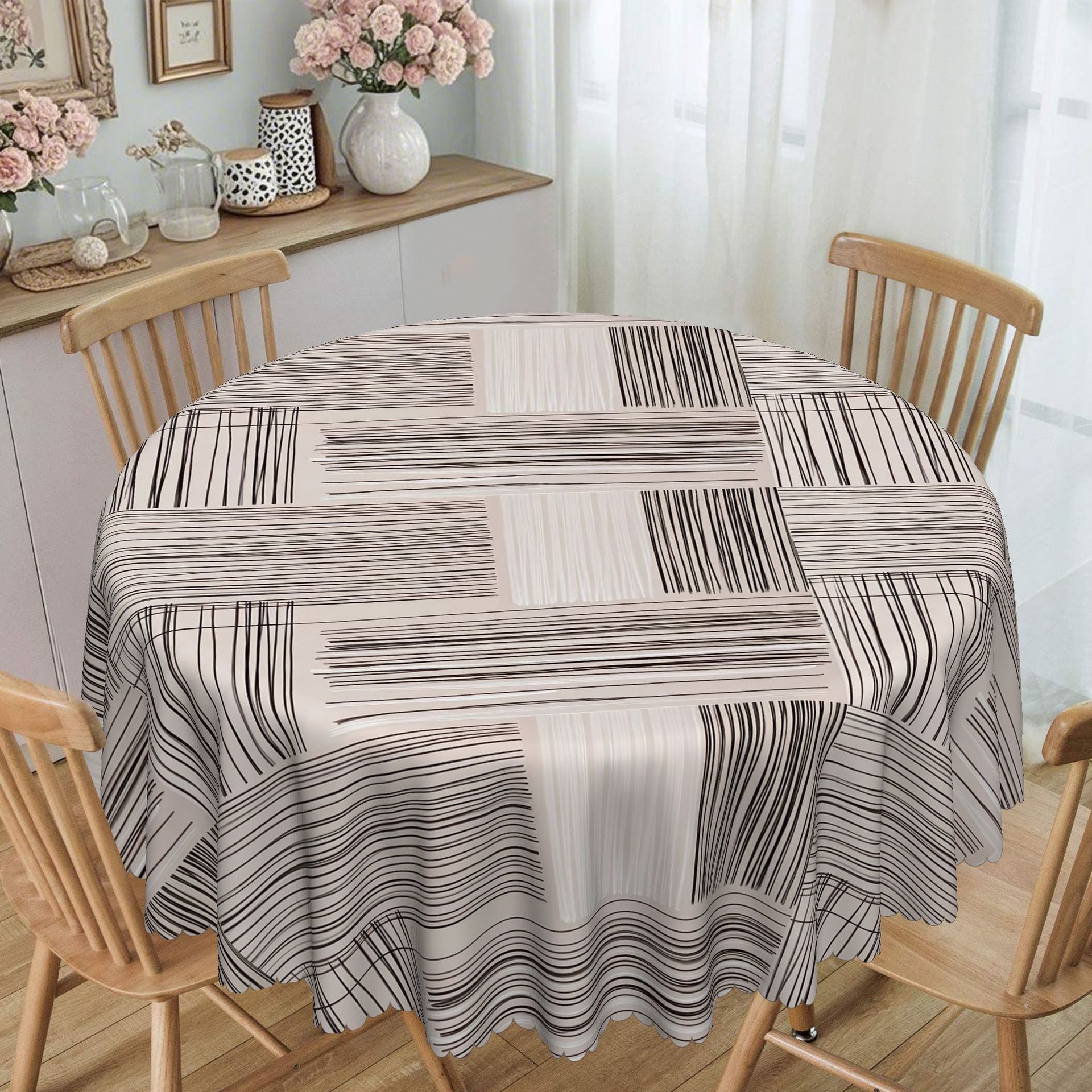 Minimalist Square Tablecloth, Geometric Striped Waterproof Tablecloth, Round Tablecloth, Black And White Striped Geometric Pattern Round tablecloth-152x152cm