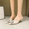 Baotou Semi-slippers Women's Summer Wear Rhinestone Square Buckle Patent Leather Pointed Toe Shallow Mouth Low-heeled High Heels