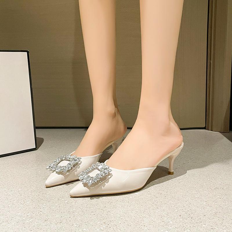 Baotou Semi-slippers Women's Summer Wear Rhinestone Square Buckle Patent Leather Pointed Toe Shallow Mouth Low-heeled High Heels